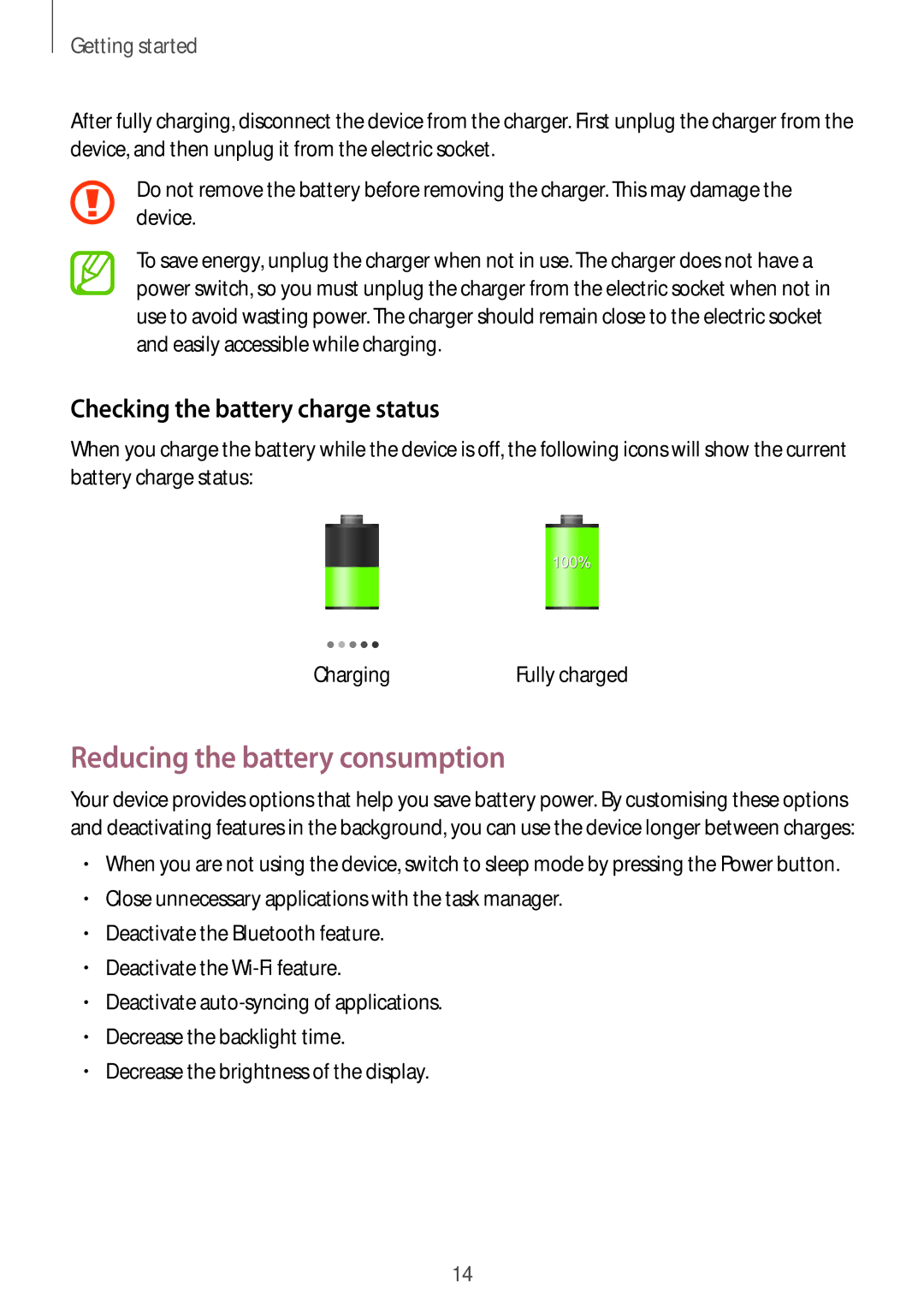 Samsung GT-S7262ZWASER, GT-S7262WRASER, GT-S7262EGASER Reducing the battery consumption, Checking the battery charge status 