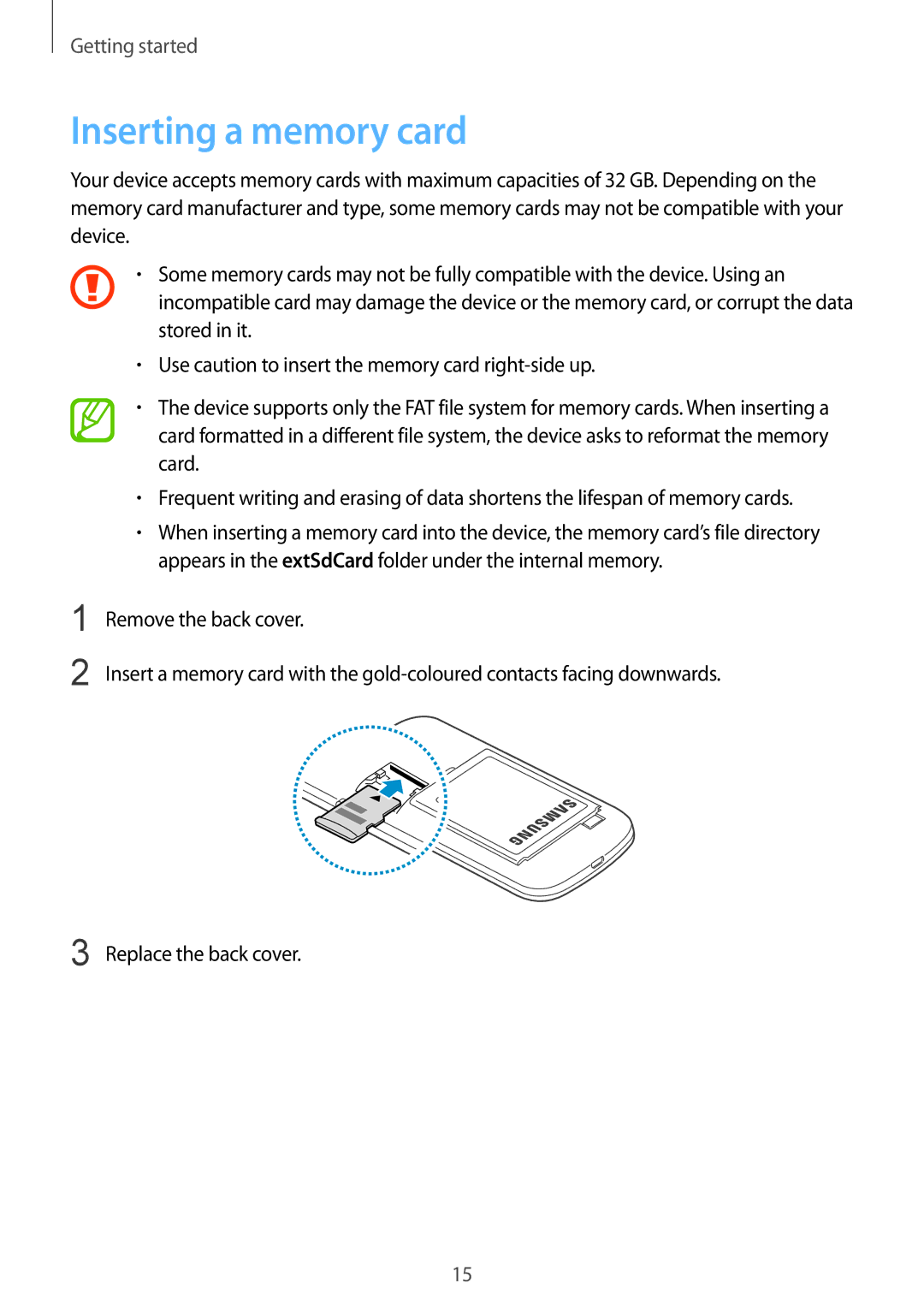 Samsung GT-S7262WRASER, GT-S7262EGASER, GT-S7262MKASER, GT-S7262ZOASER, GT-S7262ZWASER manual Inserting a memory card 