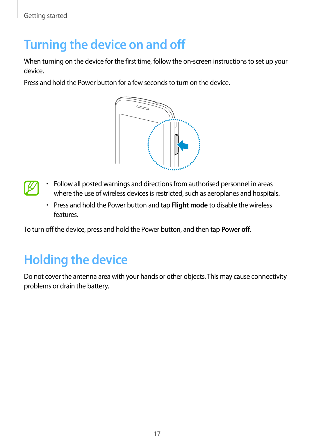 Samsung GT-S7262MKASER, GT-S7262WRASER, GT-S7262EGASER, GT-S7262ZOASER Turning the device on and off, Holding the device 