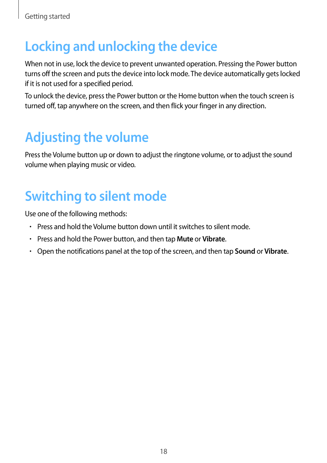 Samsung GT-S7262ZOASER, GT-S7262WRASER Locking and unlocking the device, Adjusting the volume, Switching to silent mode 