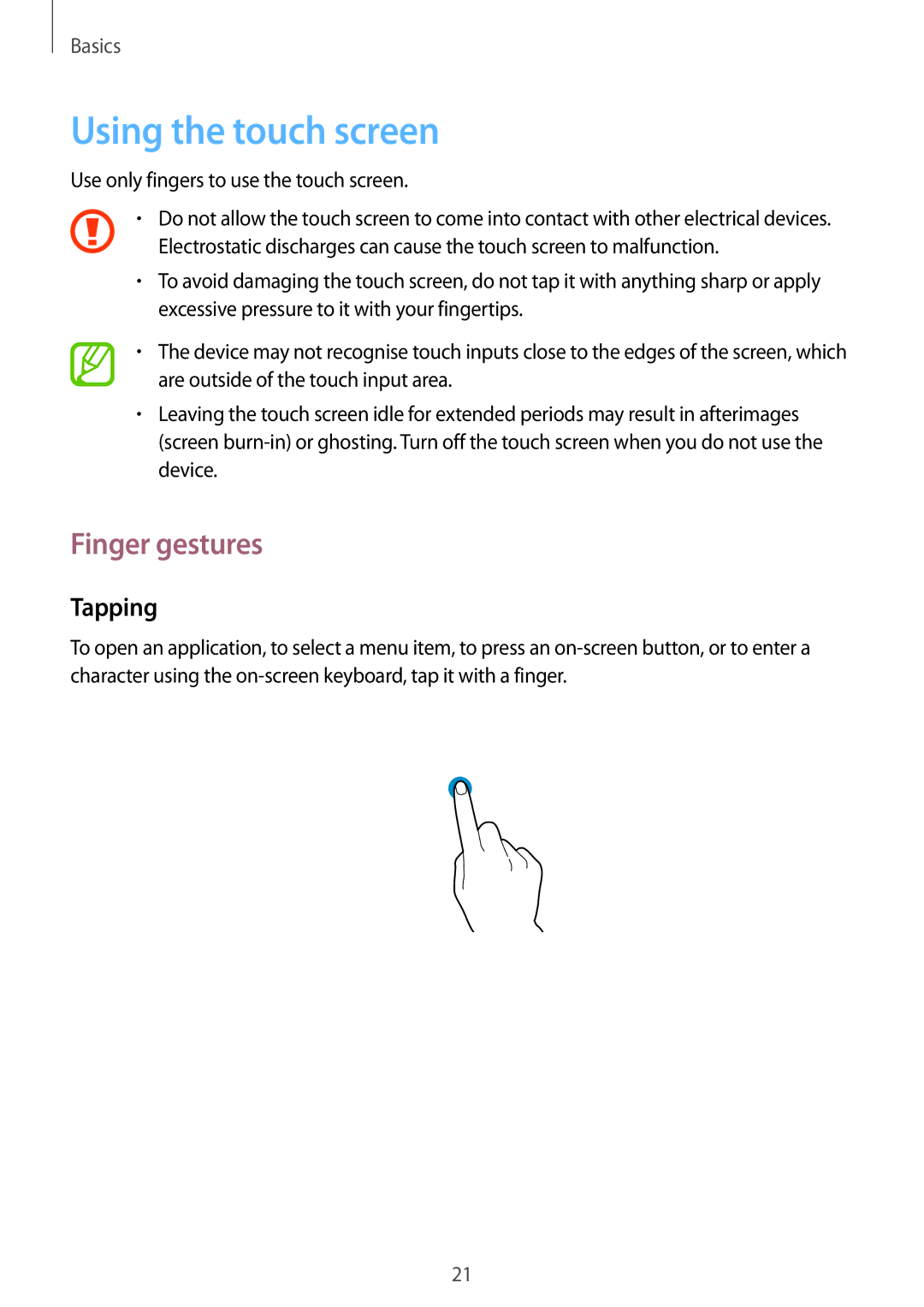 Samsung GT-S7262EGASER manual Using the touch screen, Finger gestures, Tapping, Use only fingers to use the touch screen 