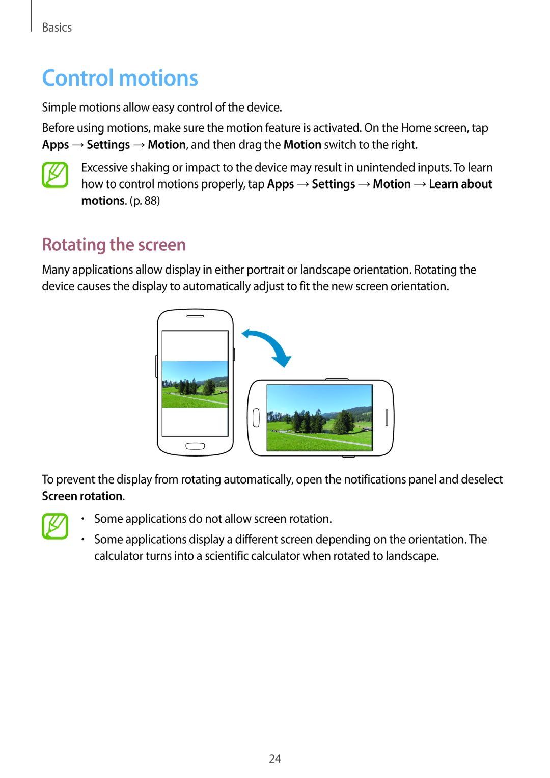 Samsung GT-S7262ZWASER manual Control motions, Rotating the screen, Simple motions allow easy control of the device 