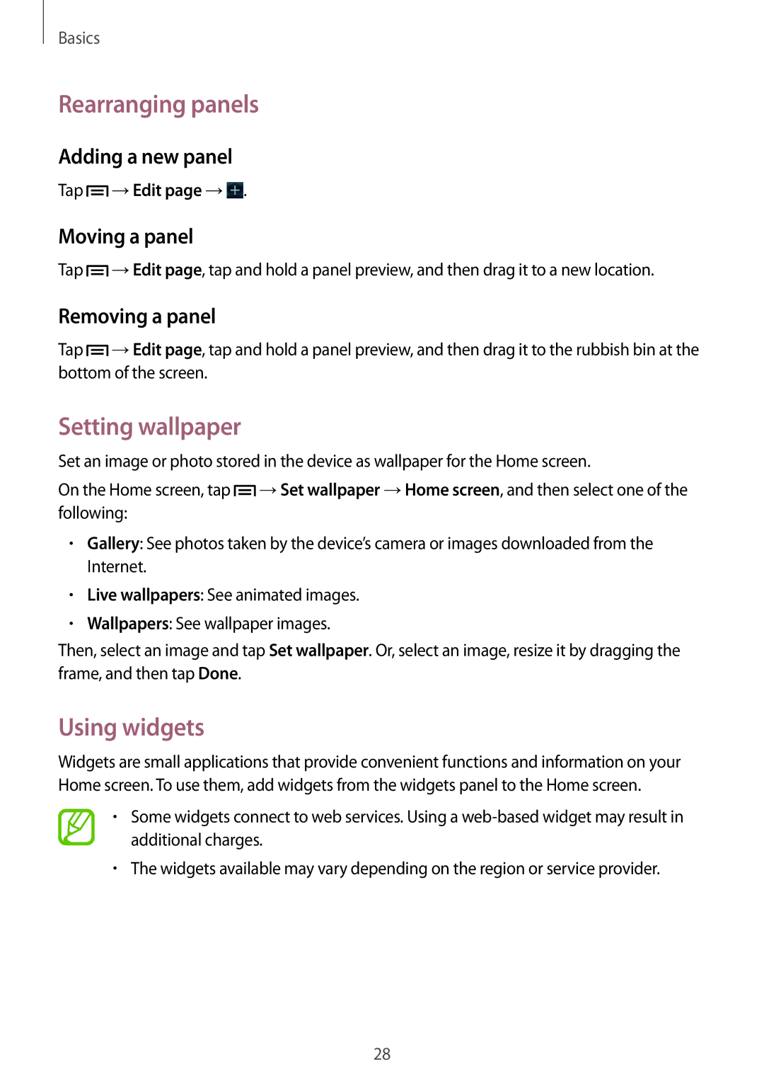 Samsung GT-S7262ZOASER, GT-S7262WRASER, GT-S7262EGASER, GT-S7262MKASER Rearranging panels, Setting wallpaper, Using widgets 