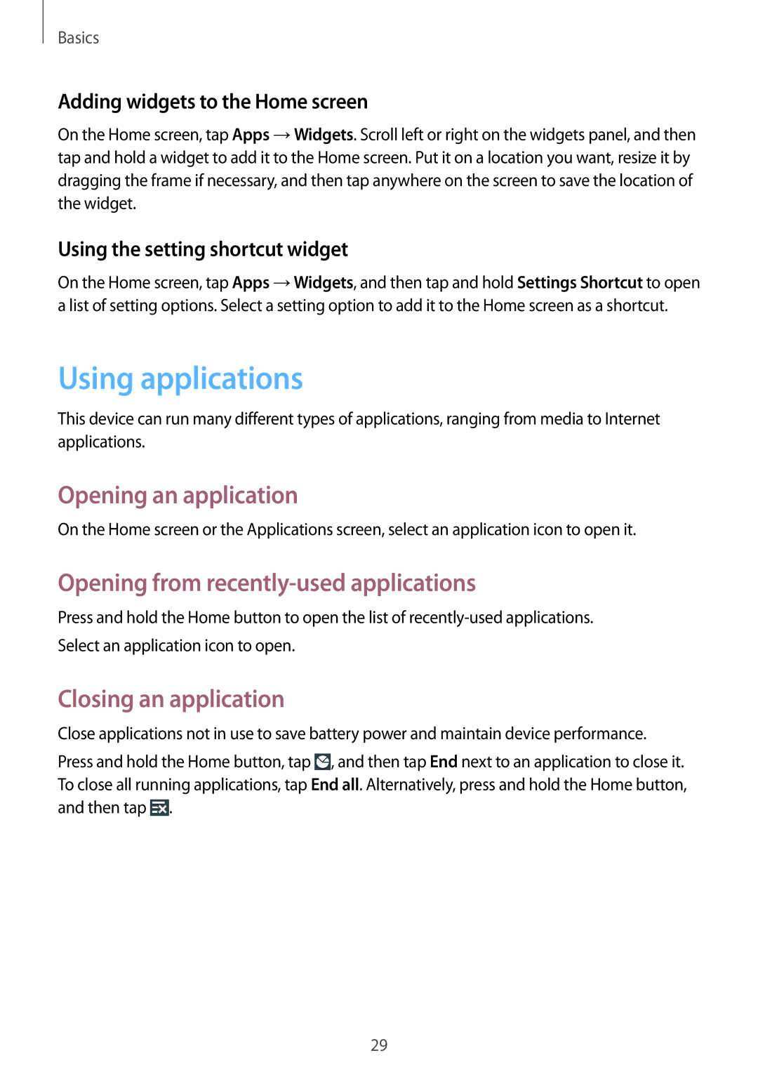 Samsung GT-S7262ZWASER, GT-S7262WRASER Using applications, Opening an application, Opening from recently-used applications 