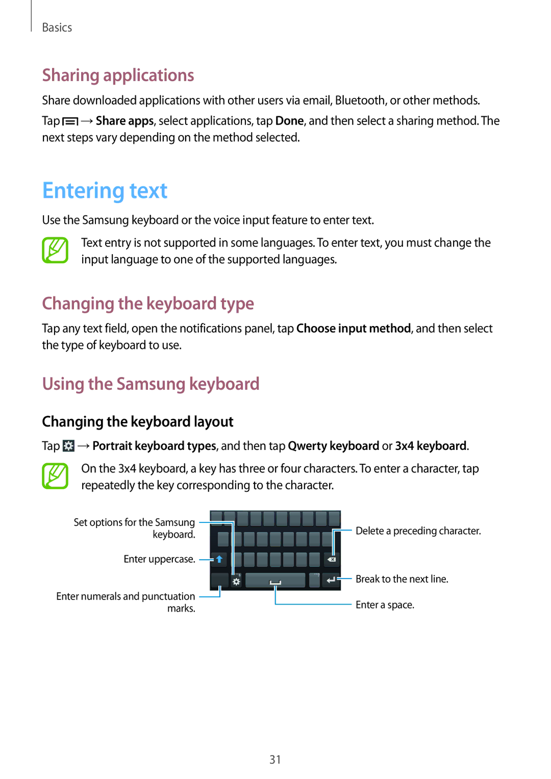 Samsung GT-S7262EGASER manual Entering text, Sharing applications, Changing the keyboard type, Using the Samsung keyboard 