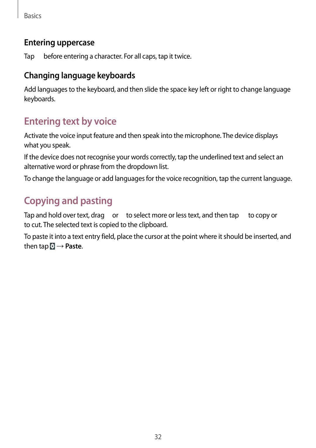 Samsung GT-S7262MKASER manual Entering text by voice, Copying and pasting, Entering uppercase, Changing language keyboards 