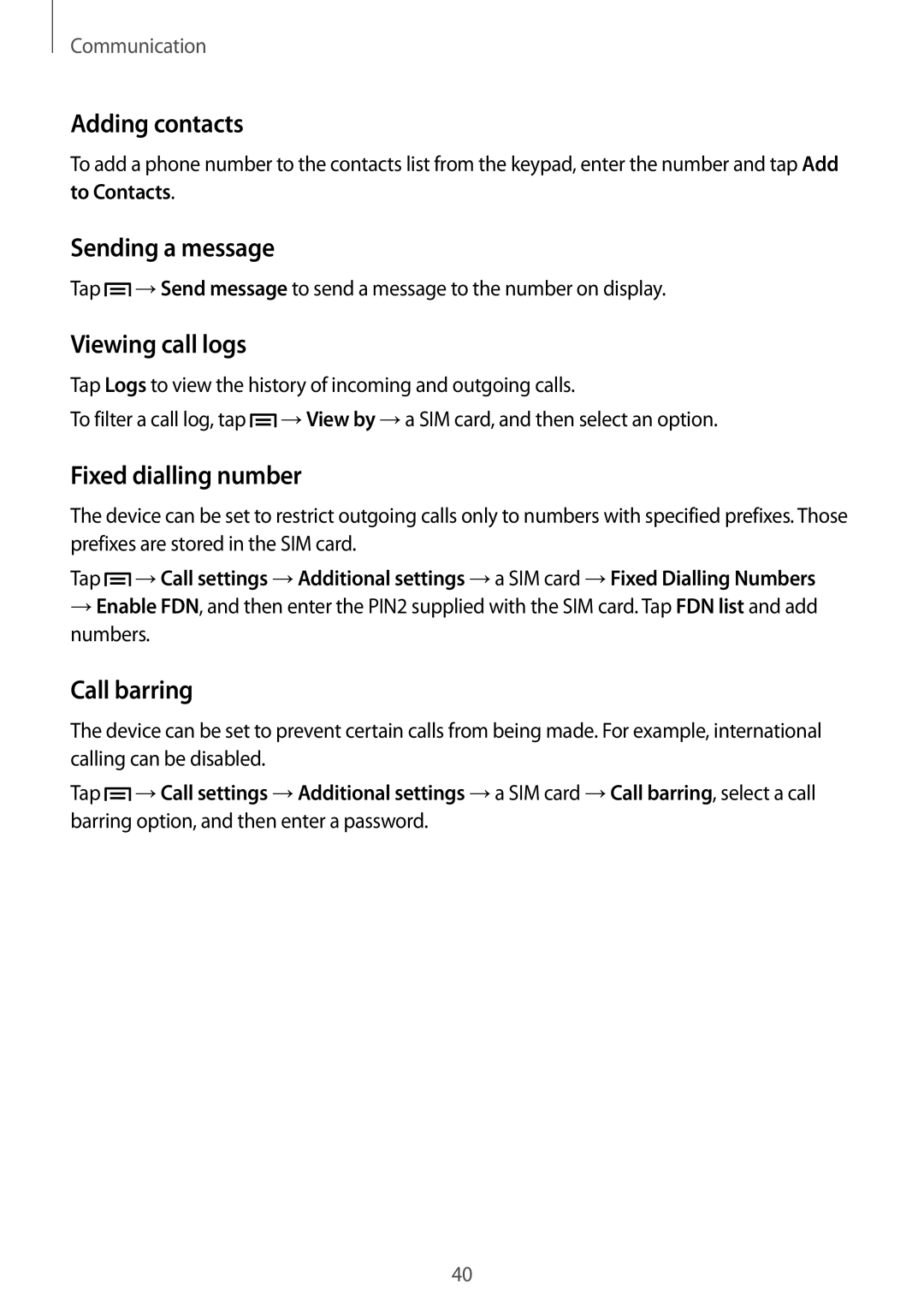 Samsung GT-S7262WRASER manual Adding contacts, Sending a message, Viewing call logs, Fixed dialling number, Call barring 