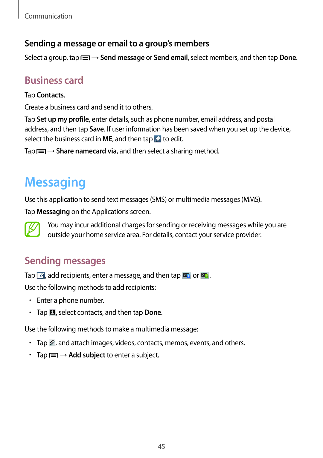 Samsung GT-S7262WRASER manual Messaging, Business card, Sending messages, Sending a message or email to a group’s members 