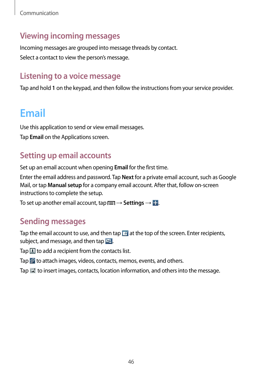 Samsung GT-S7262EGASER, GT-S7262WRASER Viewing incoming messages, Listening to a voice message, Setting up email accounts 