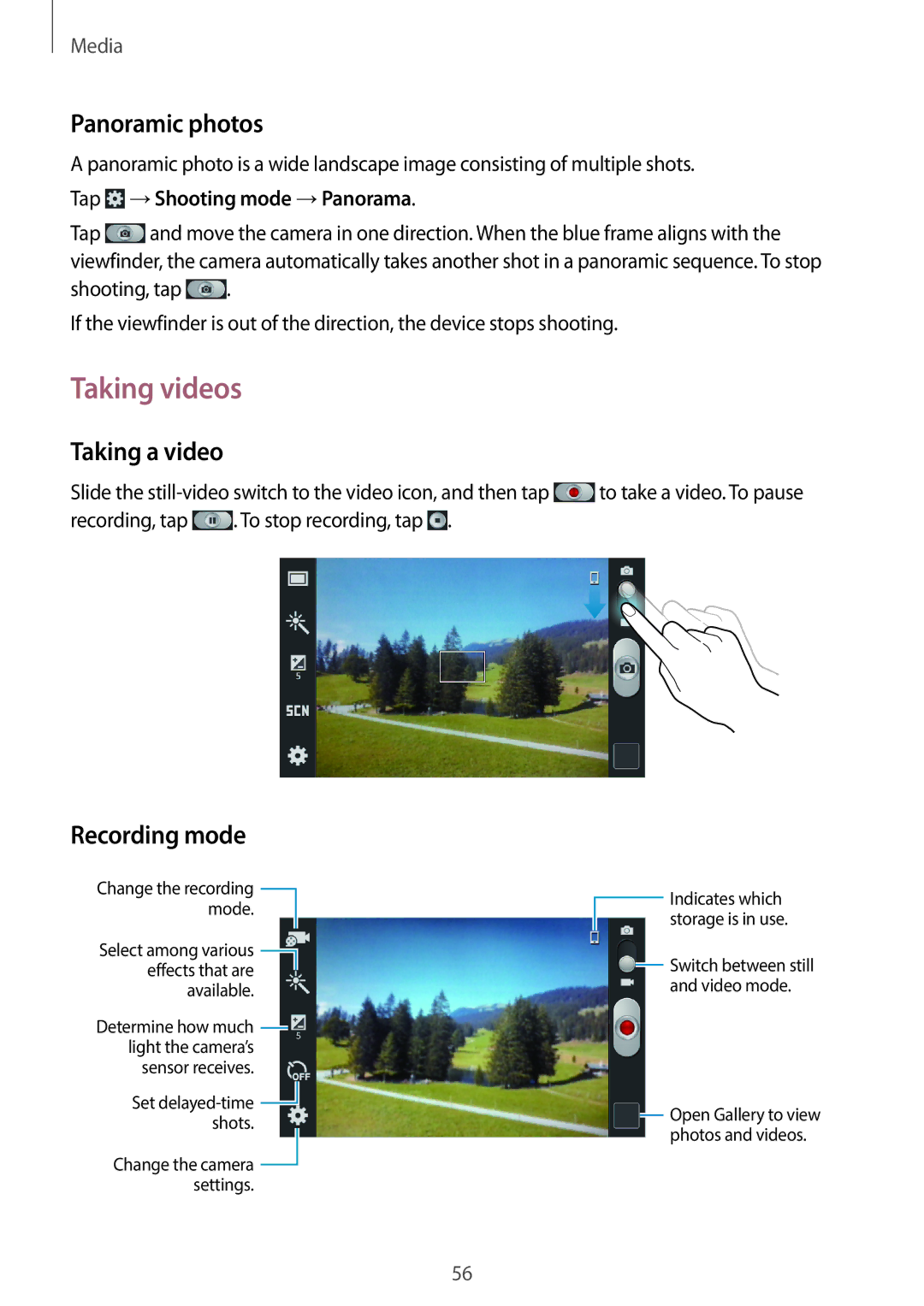 Samsung GT-S7262EGASER manual Taking videos, Panoramic photos, Taking a video, Recording mode, Tap →Shooting mode →Panorama 