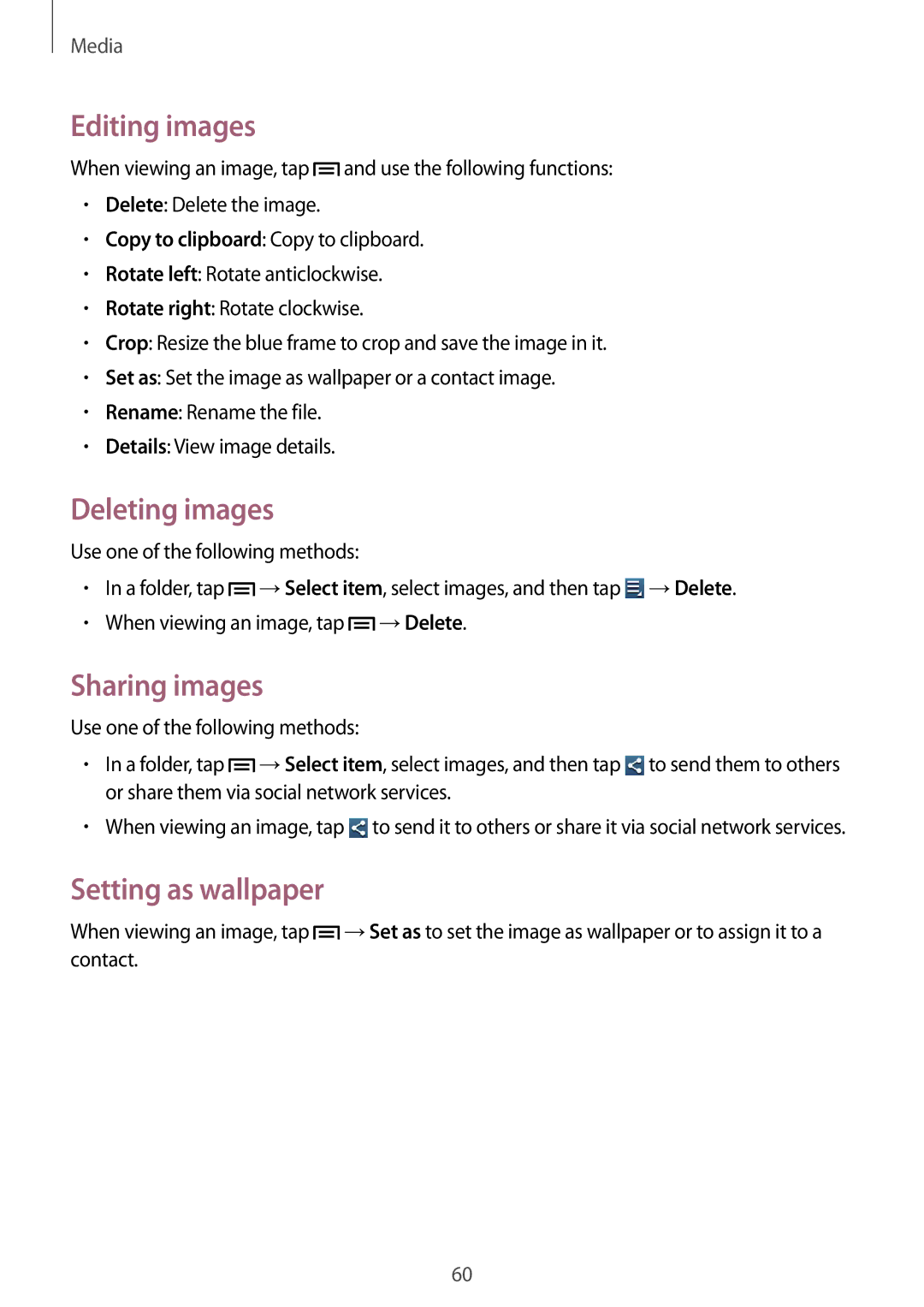 Samsung GT-S7262WRASER, GT-S7262EGASER manual Editing images, Deleting images, Sharing images, Setting as wallpaper 