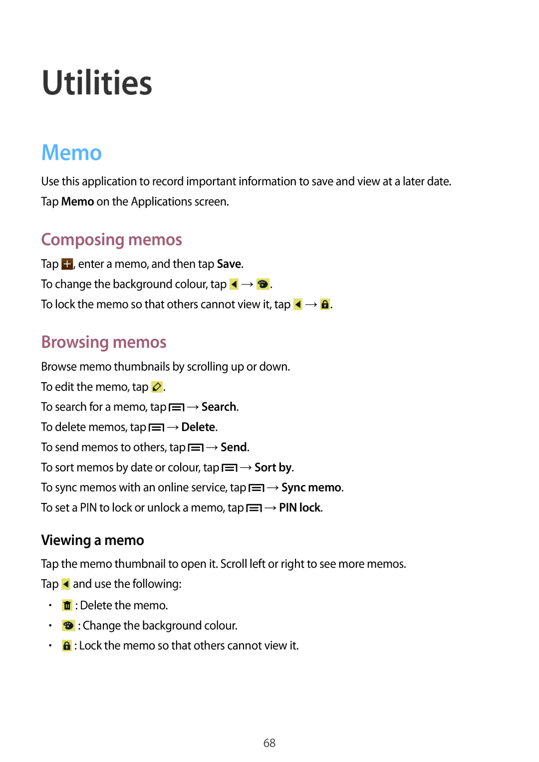 Samsung GT-S7262ZOASER, GT-S7262WRASER, GT-S7262EGASER Utilities, Memo, Composing memos, Browsing memos, Viewing a memo 