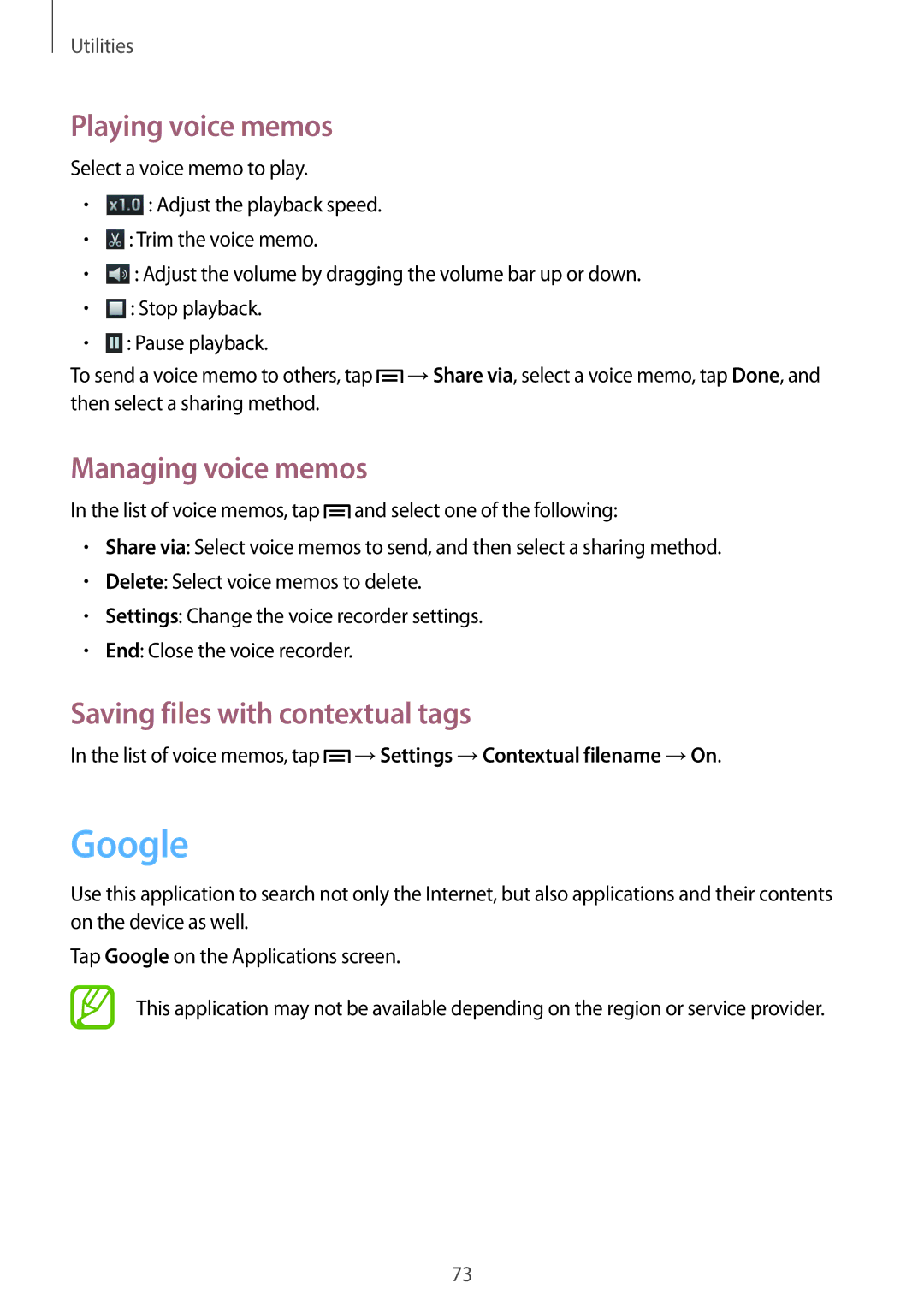 Samsung GT-S7262ZOASER manual Google, Playing voice memos, Managing voice memos, Saving files with contextual tags 