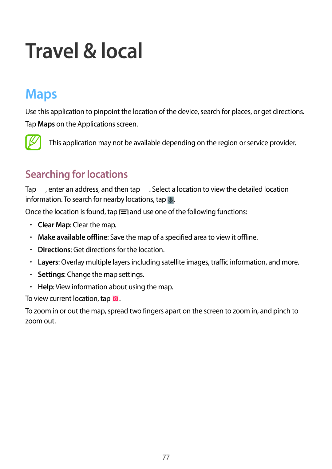 Samsung GT-S7262MKASER, GT-S7262WRASER, GT-S7262EGASER, GT-S7262ZOASER manual Travel & local, Maps, Searching for locations 