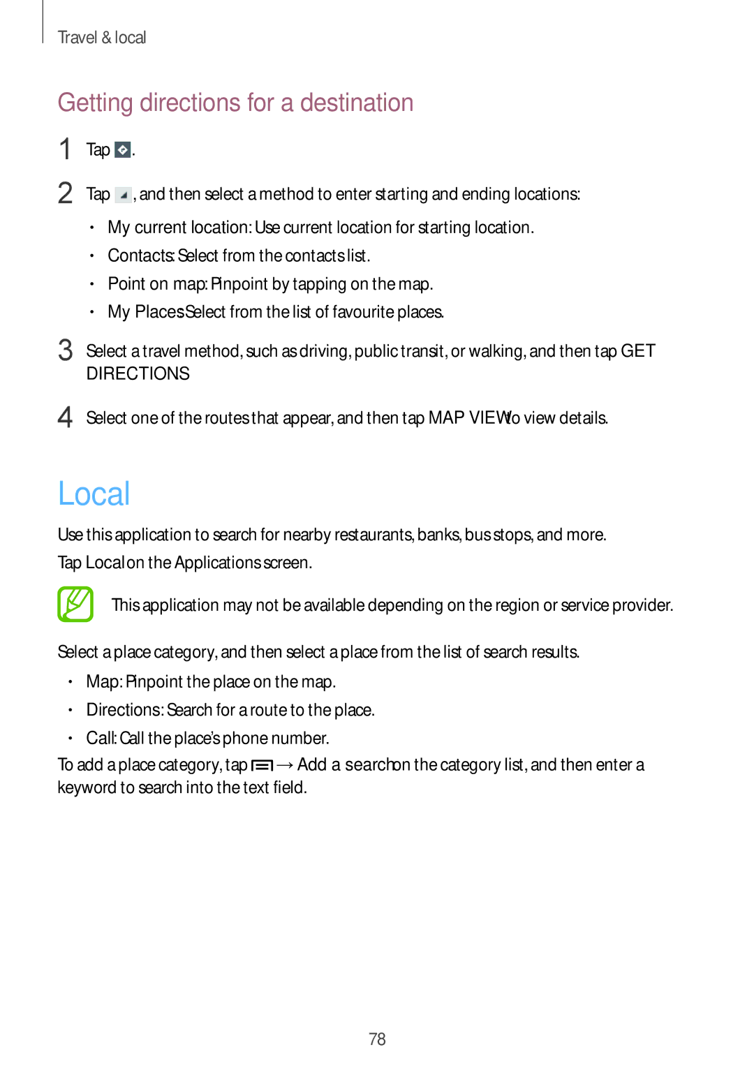 Samsung GT-S7262ZOASER, GT-S7262WRASER, GT-S7262EGASER, GT-S7262MKASER manual Local, Getting directions for a destination 