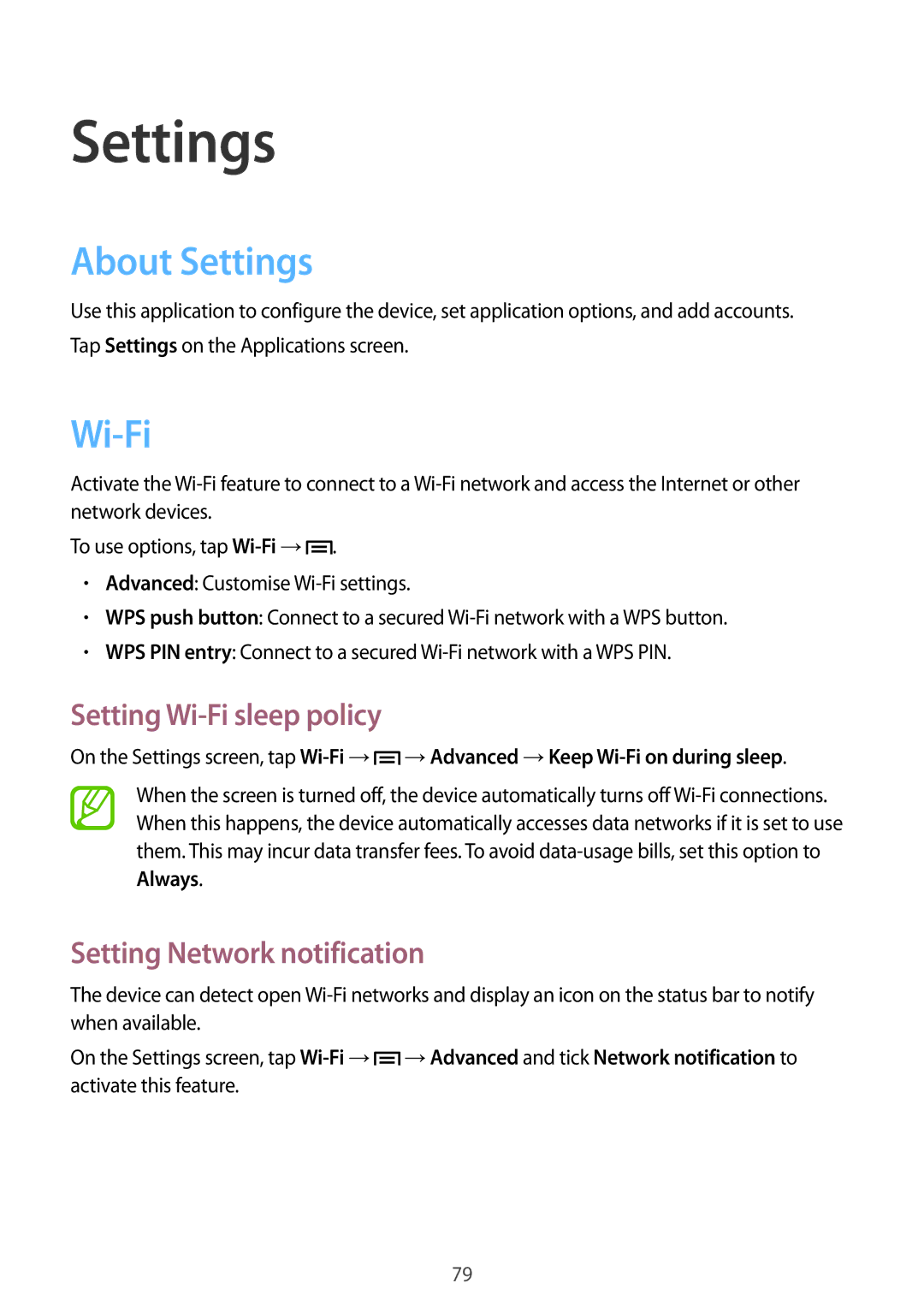 Samsung GT-S7262ZWASER, GT-S7262WRASER About Settings, Setting Wi-Fi sleep policy, Setting Network notification 