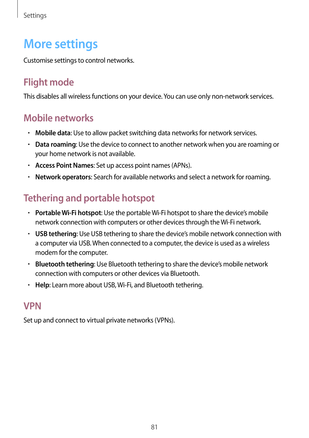 Samsung GT-S7262EGASER, GT-S7262WRASER manual More settings, Flight mode, Mobile networks, Tethering and portable hotspot 