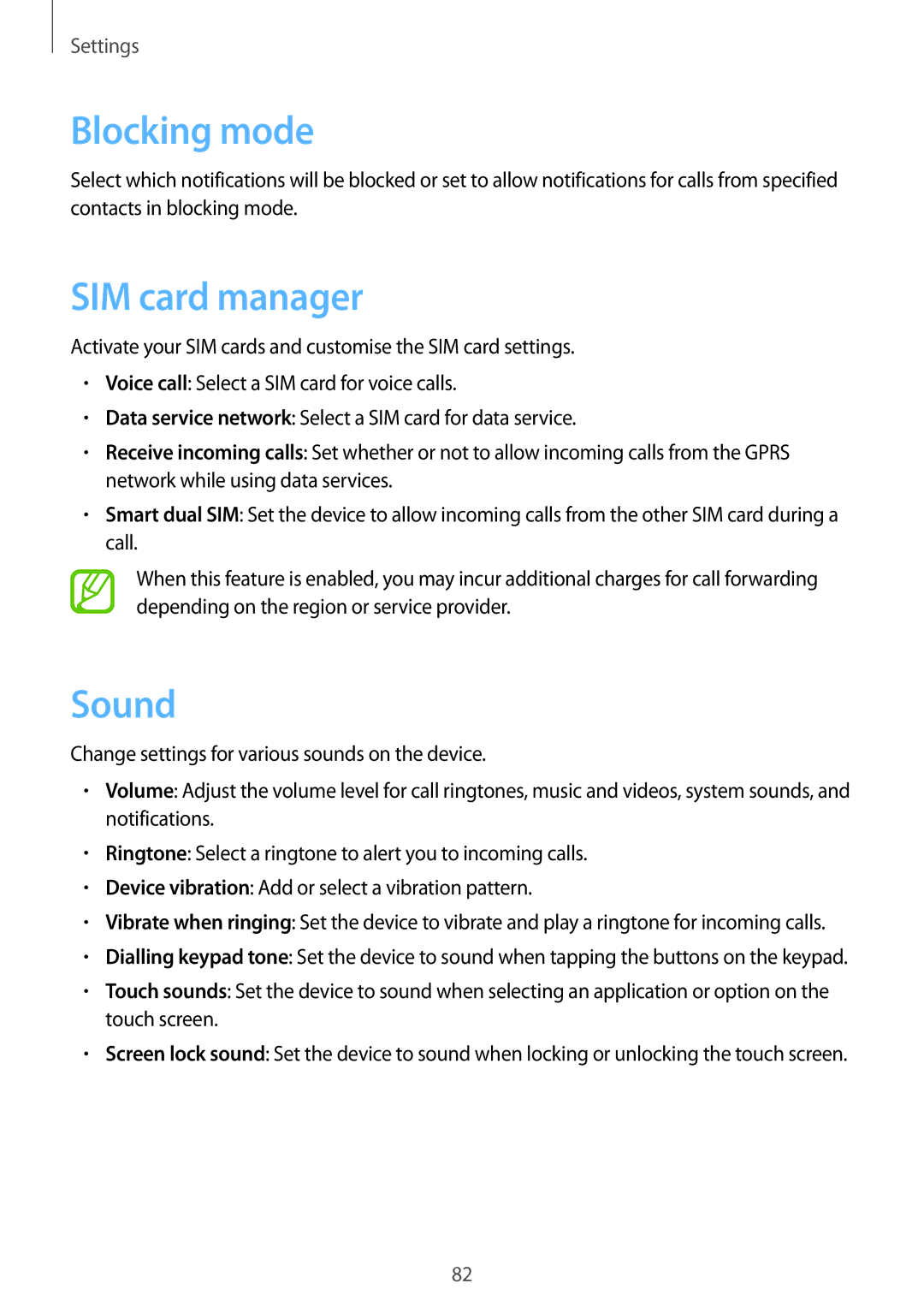 Samsung GT-S7262MKASER, GT-S7262WRASER, GT-S7262EGASER, GT-S7262ZOASER, GT-S7262ZWASER Blocking mode, SIM card manager, Sound 