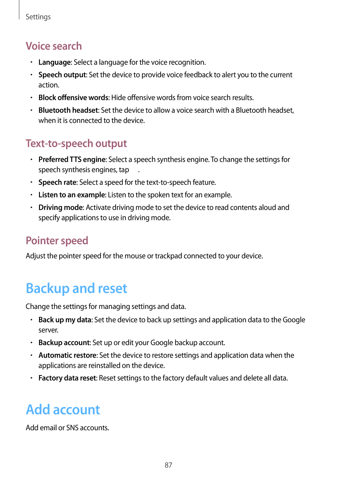 Samsung GT-S7262MKASER, GT-S7262WRASER Backup and reset, Add account, Voice search, Text-to-speech output, Pointer speed 