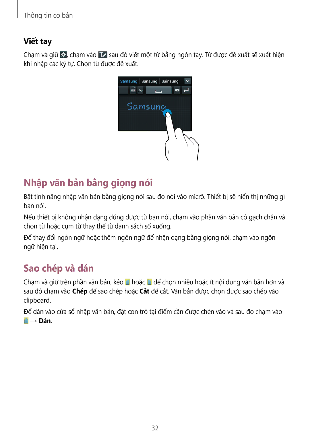 Samsung GT-S7270HKAXEV, GT-S7270HKAXXV, GT-S7270UWAXEV manual Nhập văn bản bằng giọng nói, Sao chép và dán, Viết tay 