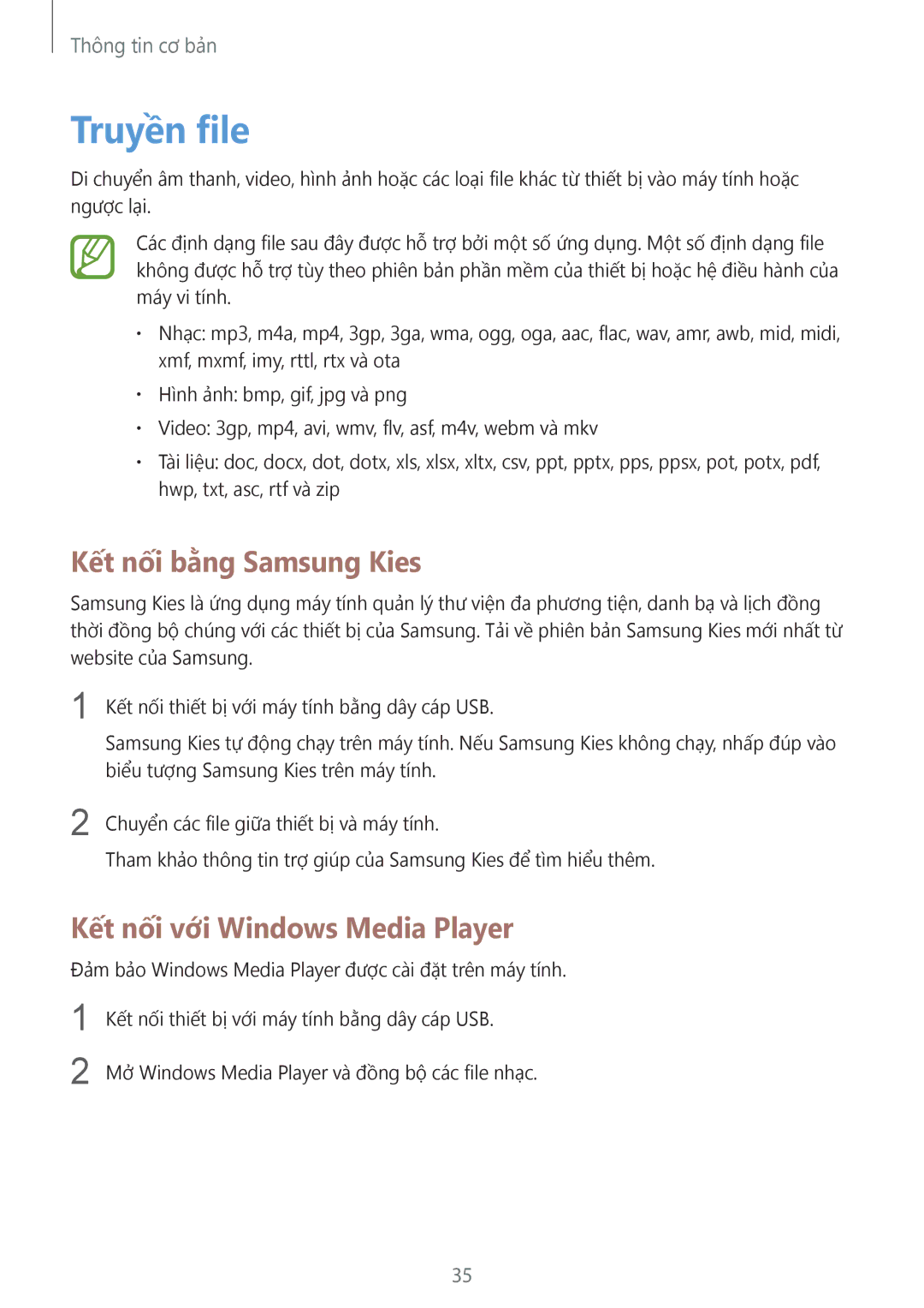 Samsung GT-S7270HKAXEV, GT-S7270HKAXXV manual Truyền file, Kết nối bằng Samsung Kies, Kết nối với Windows Media Player 