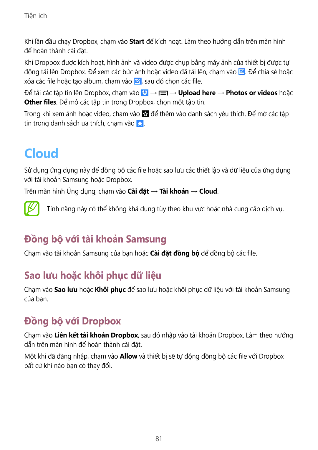 Samsung GT-S7270HKAXXV manual Cloud, Đồng bộ với tài khoản Samsung, Sao lưu hoặc khôi phục dữ liệu, Đồng bộ với Dropbox 