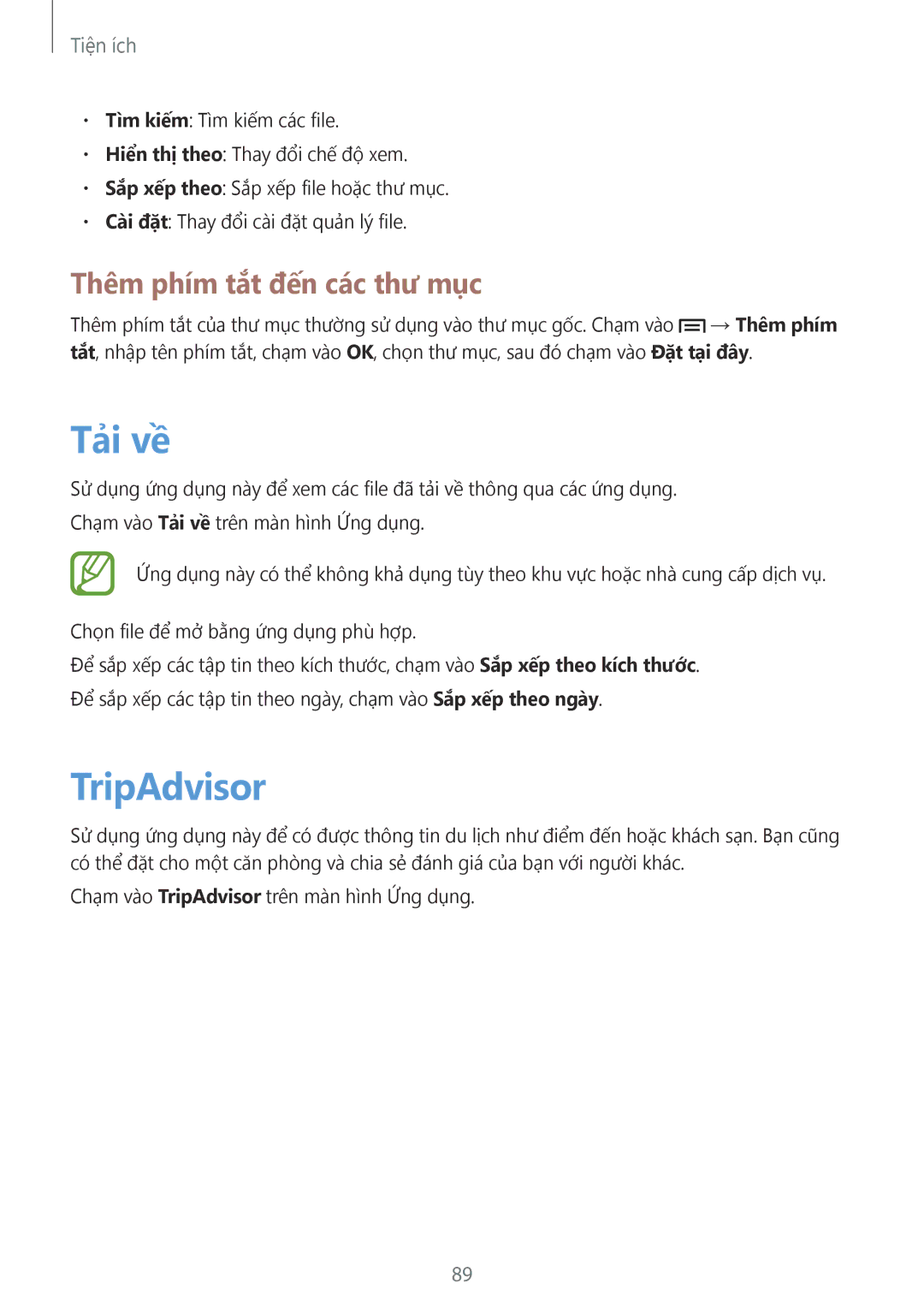 Samsung GT-S7270HKAXEV, GT-S7270HKAXXV, GT-S7270UWAXEV manual Tải về, TripAdvisor, Thêm phím tắt đến các thư mục 