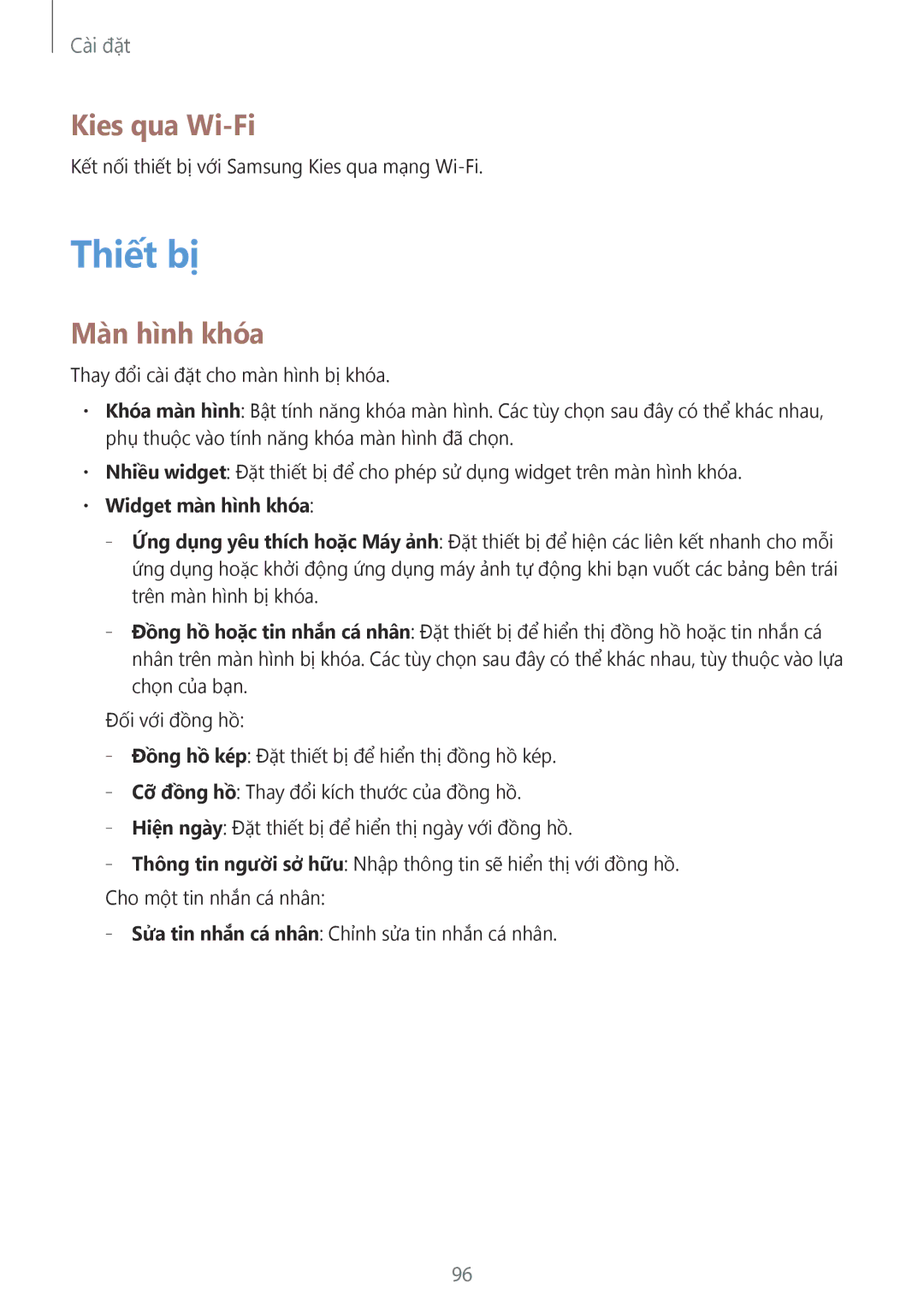 Samsung GT-S7270HKAXXV, GT-S7270UWAXEV, GT-S7270HKAXEV manual Thiết bị, Kies qua Wi-Fi, Màn hình khóa, Widget màn hình khóa 