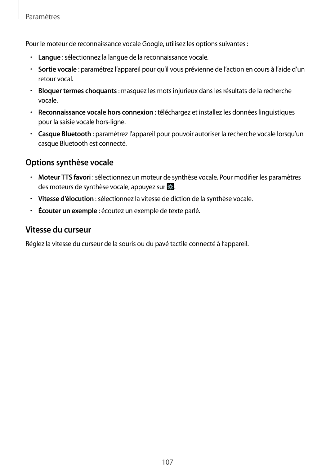 Samsung GT-S7272UWAKSA, GT-S7272WRAPAK, GT-S7272WRATHR, GT-S7272HKATHR manual Options synthèse vocale, Vitesse du curseur 