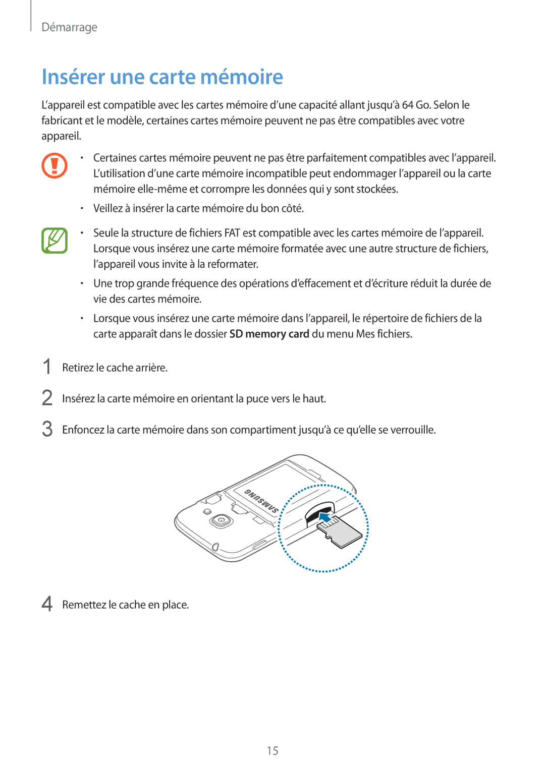 Samsung GT-S7272WRATHR, GT-S7272WRAPAK, GT-S7272UWAKSA, GT-S7272HKATHR, GT-S7272HKAKSA manual Insérer une carte mémoire 