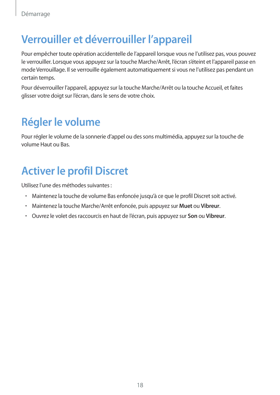 Samsung GT-S7272HKAKSA manual Verrouiller et déverrouiller l’appareil, Régler le volume, Activer le profil Discret 