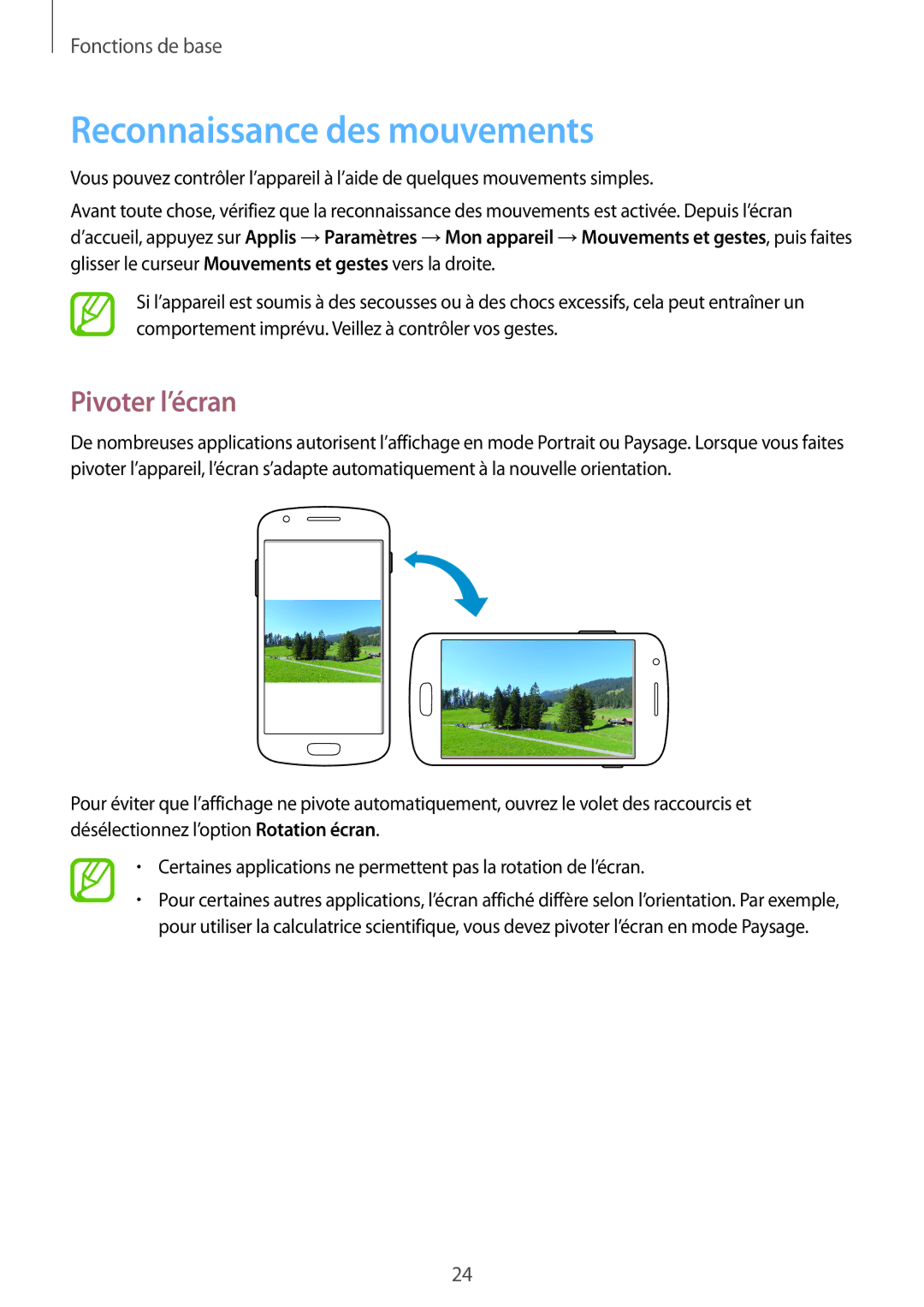 Samsung GT-S7272HKATHR, GT-S7272WRAPAK, GT-S7272WRATHR, GT-S7272UWAKSA manual Reconnaissance des mouvements, Pivoter l’écran 