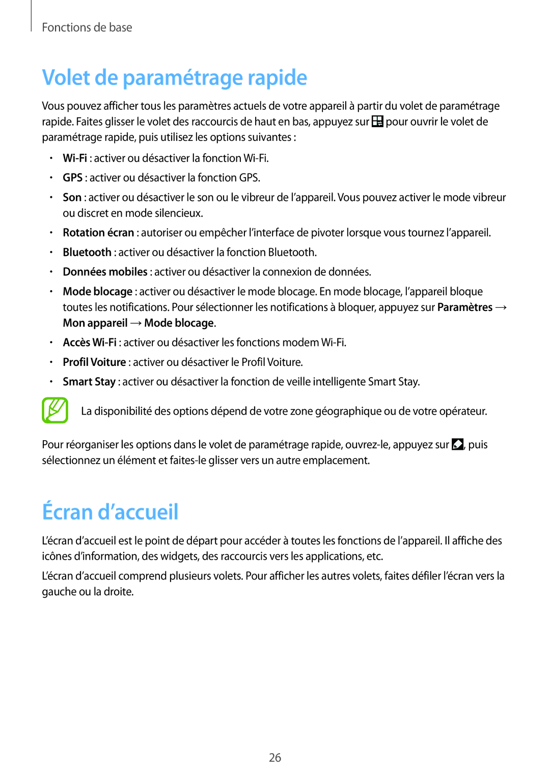 Samsung GT-S7272WRAKSA, GT-S7272WRAPAK, GT-S7272WRATHR, GT-S7272UWAKSA manual Volet de paramétrage rapide, Écran d’accueil 