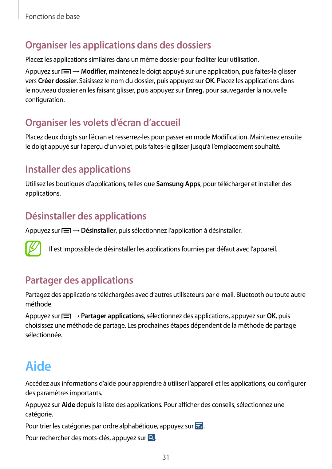 Samsung GT-S7272HKATHR, GT-S7272WRAPAK manual Aide, Organiser les applications dans des dossiers, Installer des applications 