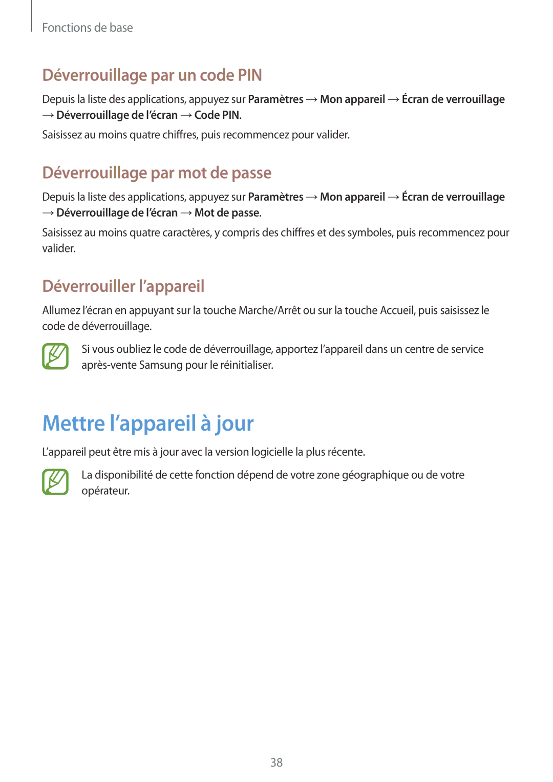 Samsung GT-S7272HKATHR manual Mettre l’appareil à jour, Déverrouillage par un code PIN, Déverrouillage par mot de passe 