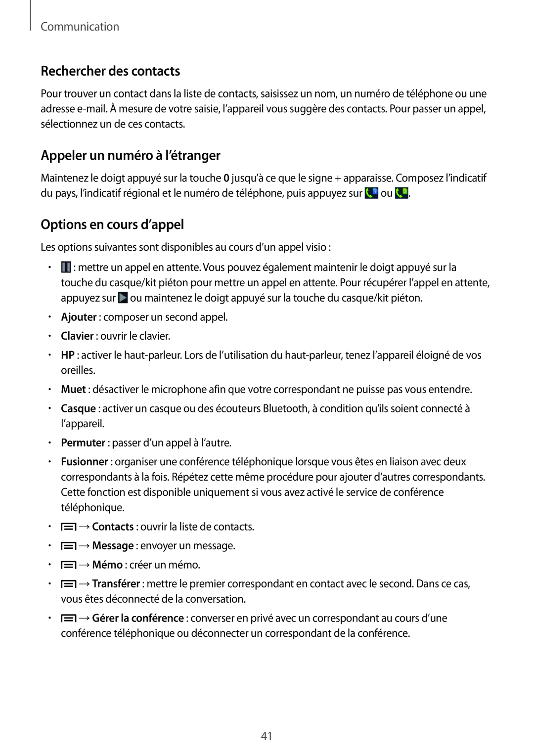 Samsung GT-S7272UWATHR, GT-S7272WRAPAK Rechercher des contacts, Appeler un numéro à l’étranger, Options en cours d’appel 