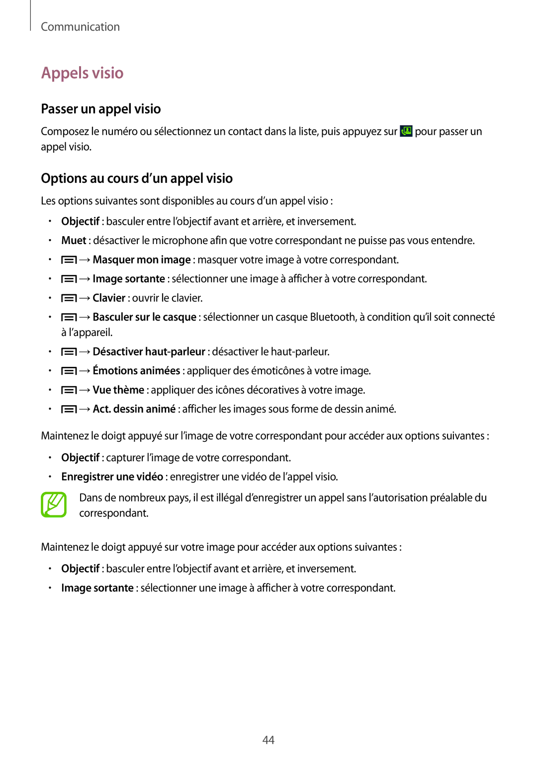 Samsung GT-S7272UWAKSA, GT-S7272WRAPAK manual Appels visio, Passer un appel visio, Options au cours d’un appel visio 