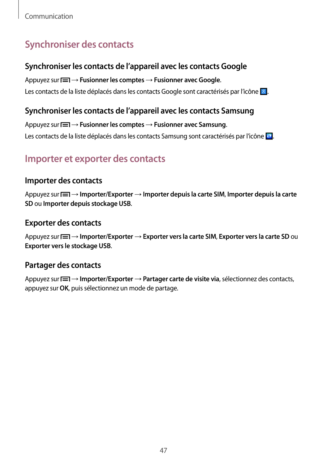 Samsung GT-S7272WRAKSA, GT-S7272WRAPAK Synchroniser des contacts, Importer et exporter des contacts, Importer des contacts 