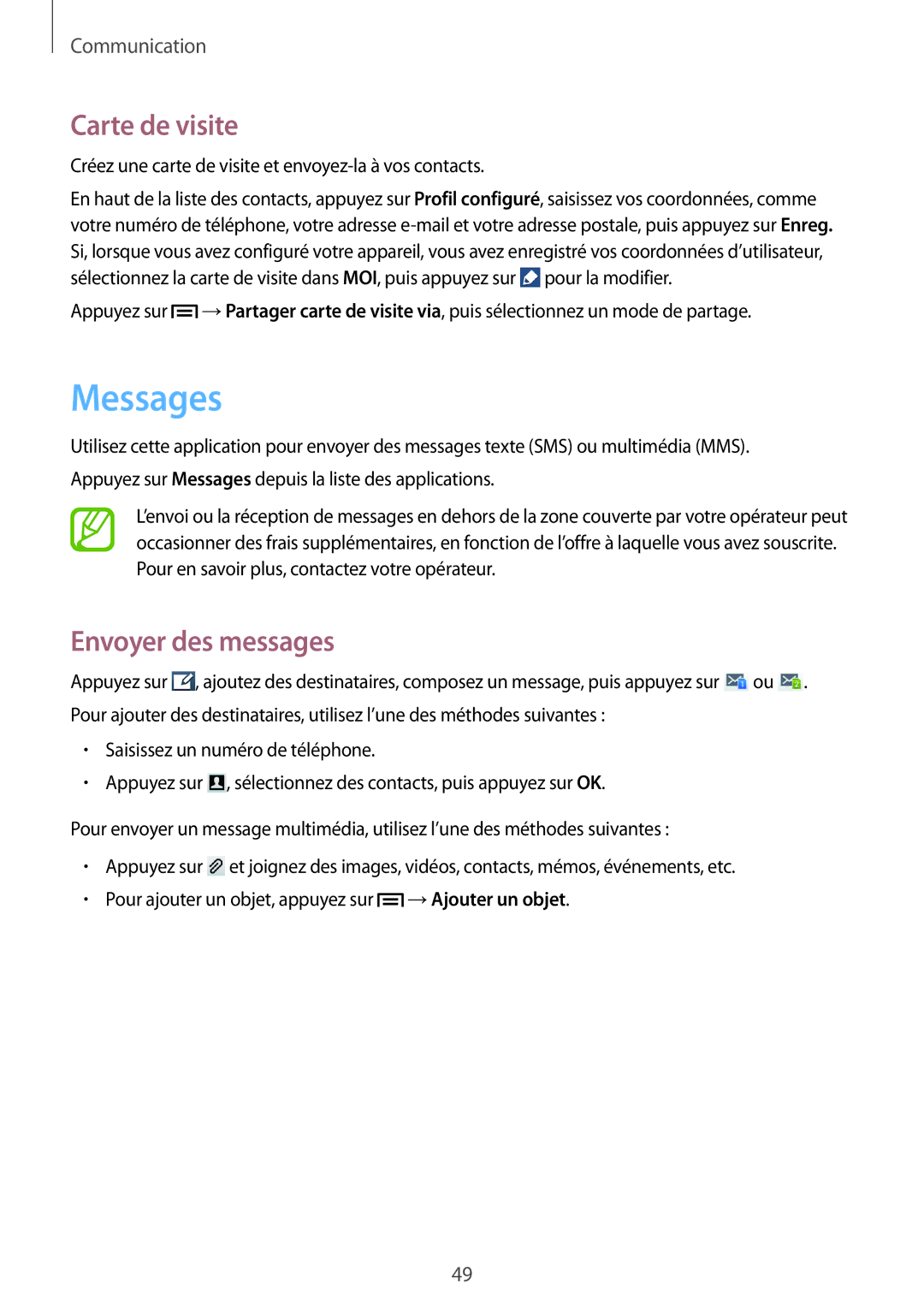 Samsung GT-S7272WRAPAK, GT-S7272WRATHR, GT-S7272UWAKSA, GT-S7272HKATHR manual Messages, Carte de visite, Envoyer des messages 