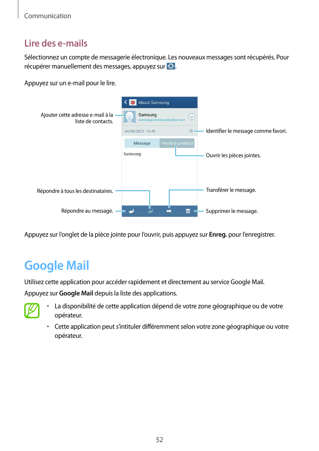 Samsung GT-S7272HKATHR, GT-S7272WRAPAK, GT-S7272WRATHR, GT-S7272UWAKSA, GT-S7272HKAKSA manual Google Mail, Lire des e-mails 