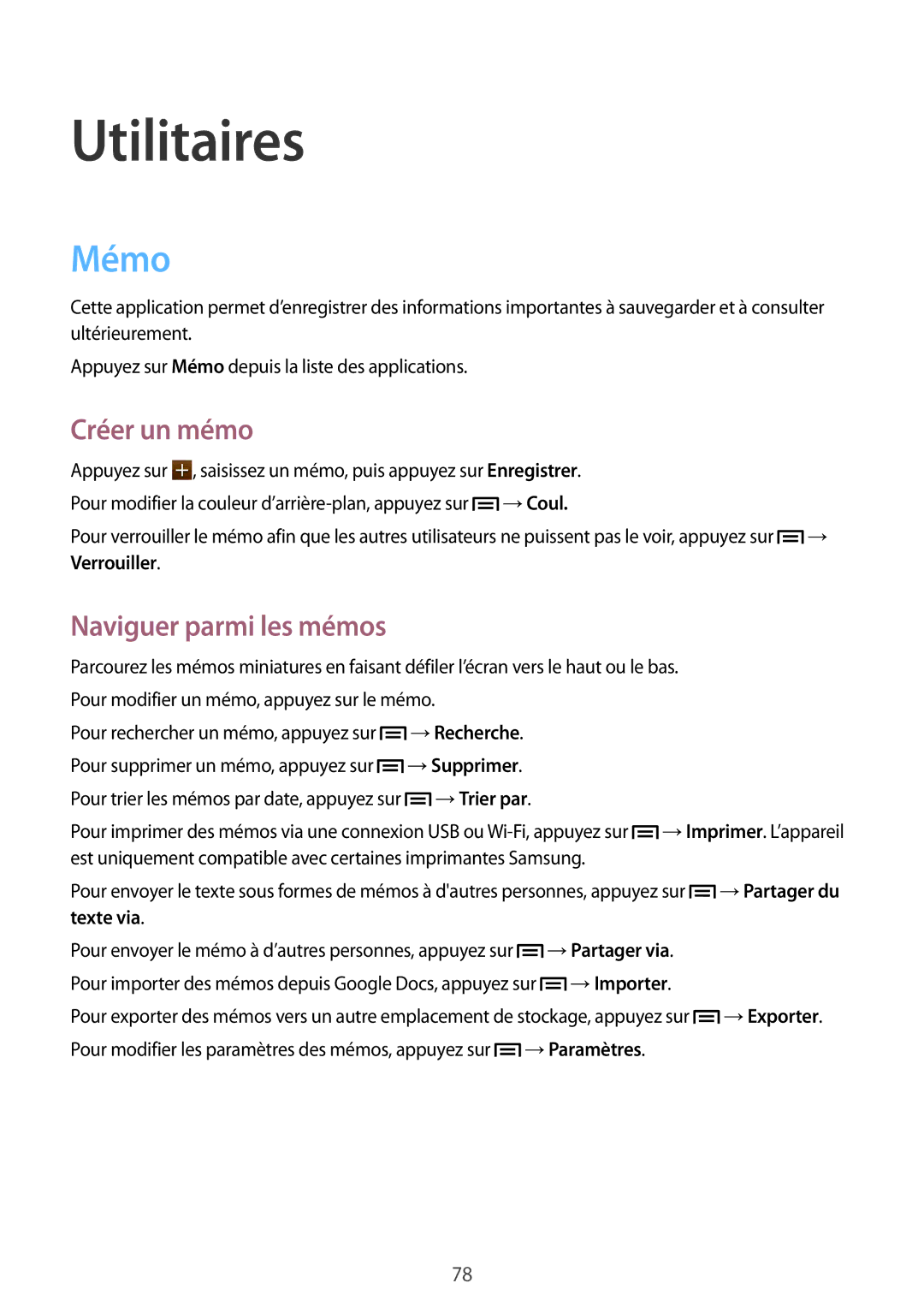 Samsung GT-S7272WRATHR, GT-S7272WRAPAK, GT-S7272UWAKSA manual Utilitaires, Mémo, Créer un mémo, Naviguer parmi les mémos 