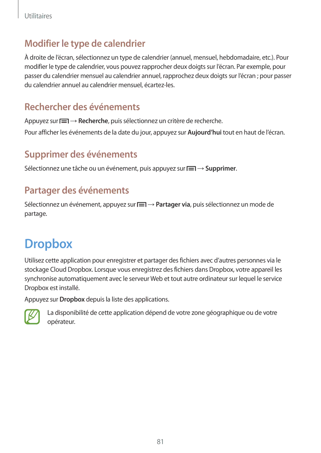 Samsung GT-S7272HKAKSA manual Dropbox, Modifier le type de calendrier, Rechercher des événements, Supprimer des événements 