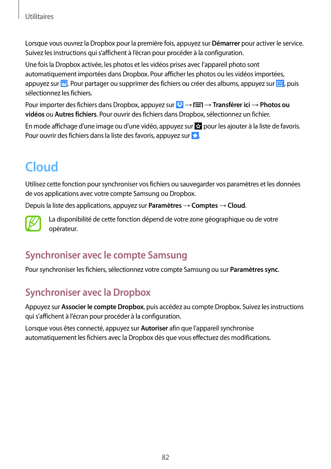 Samsung GT-S7272WRAKSA, GT-S7272WRAPAK manual Cloud, Synchroniser avec le compte Samsung, Synchroniser avec la Dropbox 