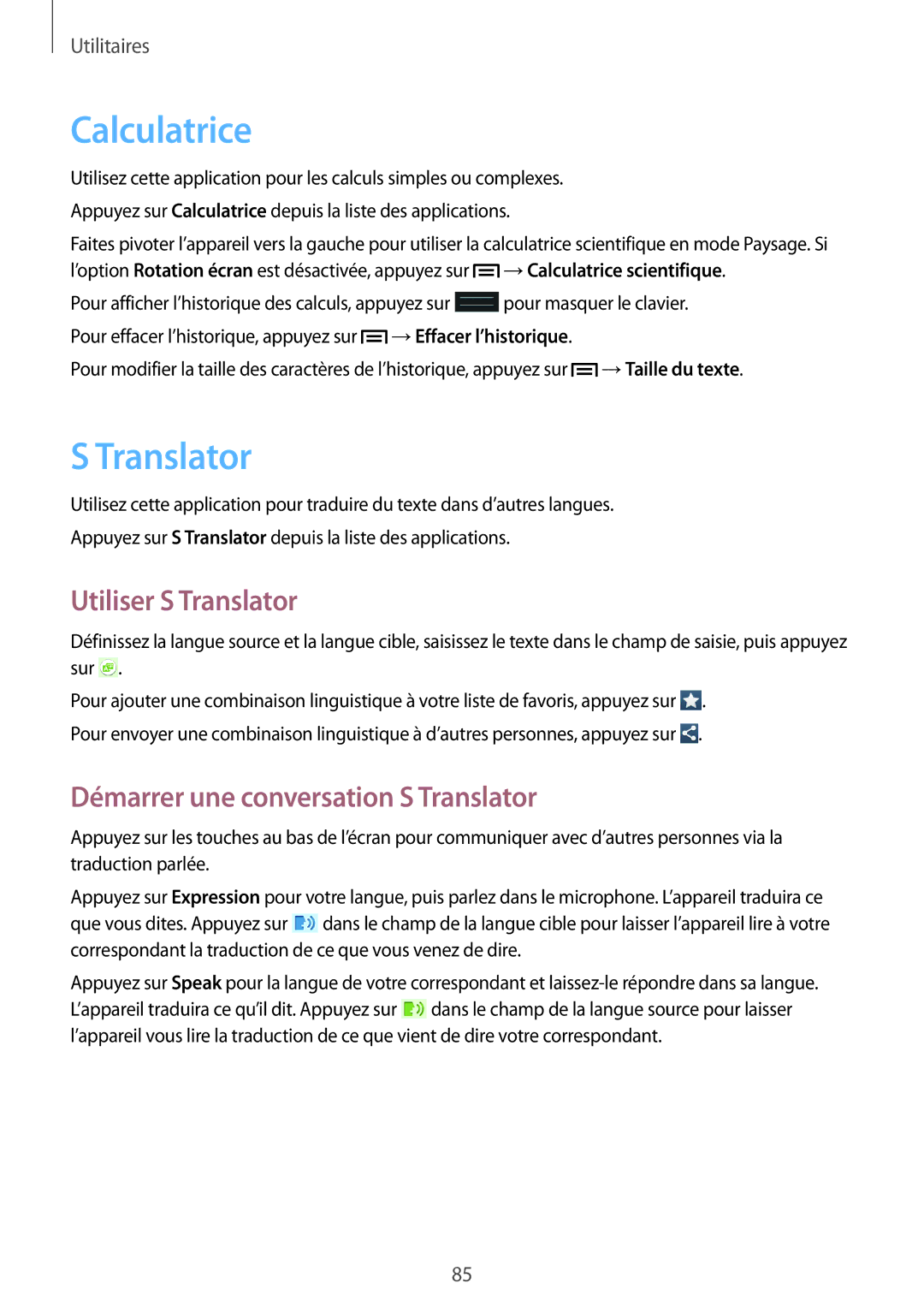 Samsung GT-S7272WRATHR, GT-S7272WRAPAK Calculatrice, Utiliser S Translator, Démarrer une conversation S Translator 