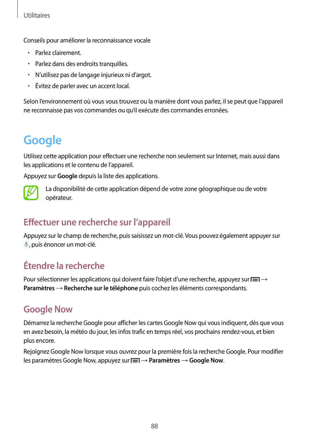 Samsung GT-S7272HKAKSA, GT-S7272WRAPAK manual Effectuer une recherche sur l’appareil, Étendre la recherche, Google Now 