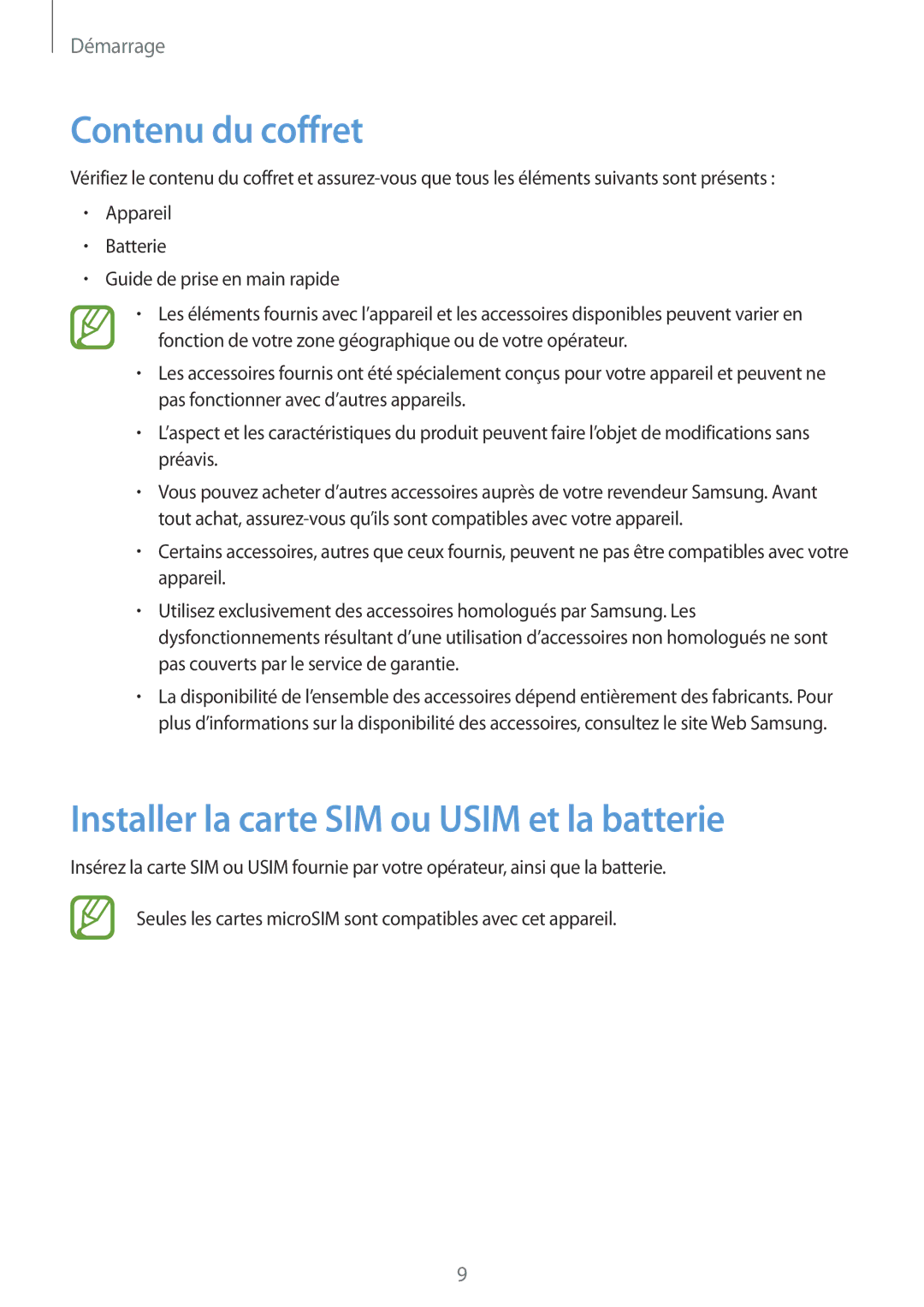 Samsung GT-S7272UWAKSA, GT-S7272WRAPAK, GT-S7272WRATHR Contenu du coffret, Installer la carte SIM ou Usim et la batterie 