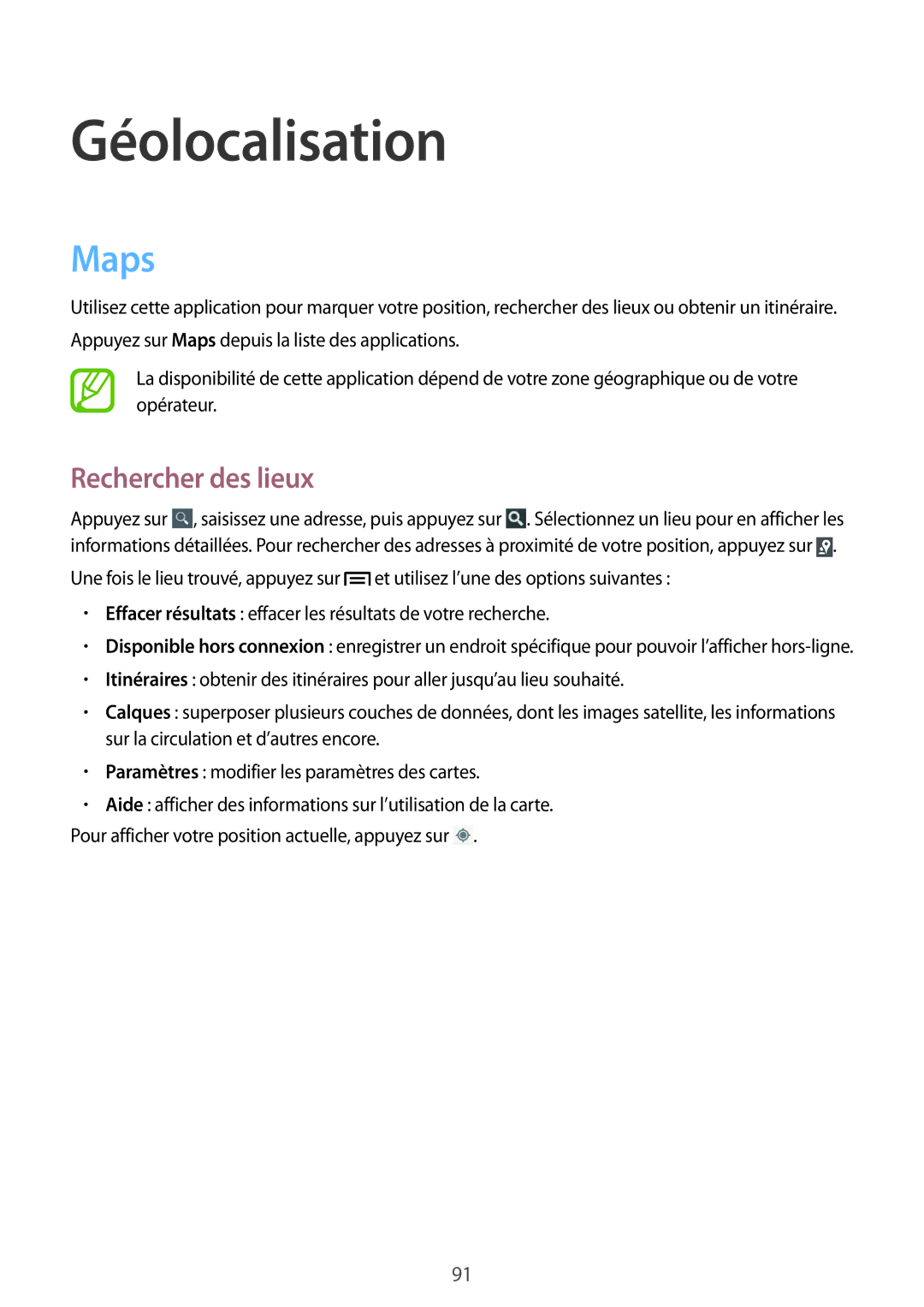 Samsung GT-S7272WRAPAK, GT-S7272WRATHR, GT-S7272UWAKSA, GT-S7272HKATHR manual Géolocalisation, Maps, Rechercher des lieux 