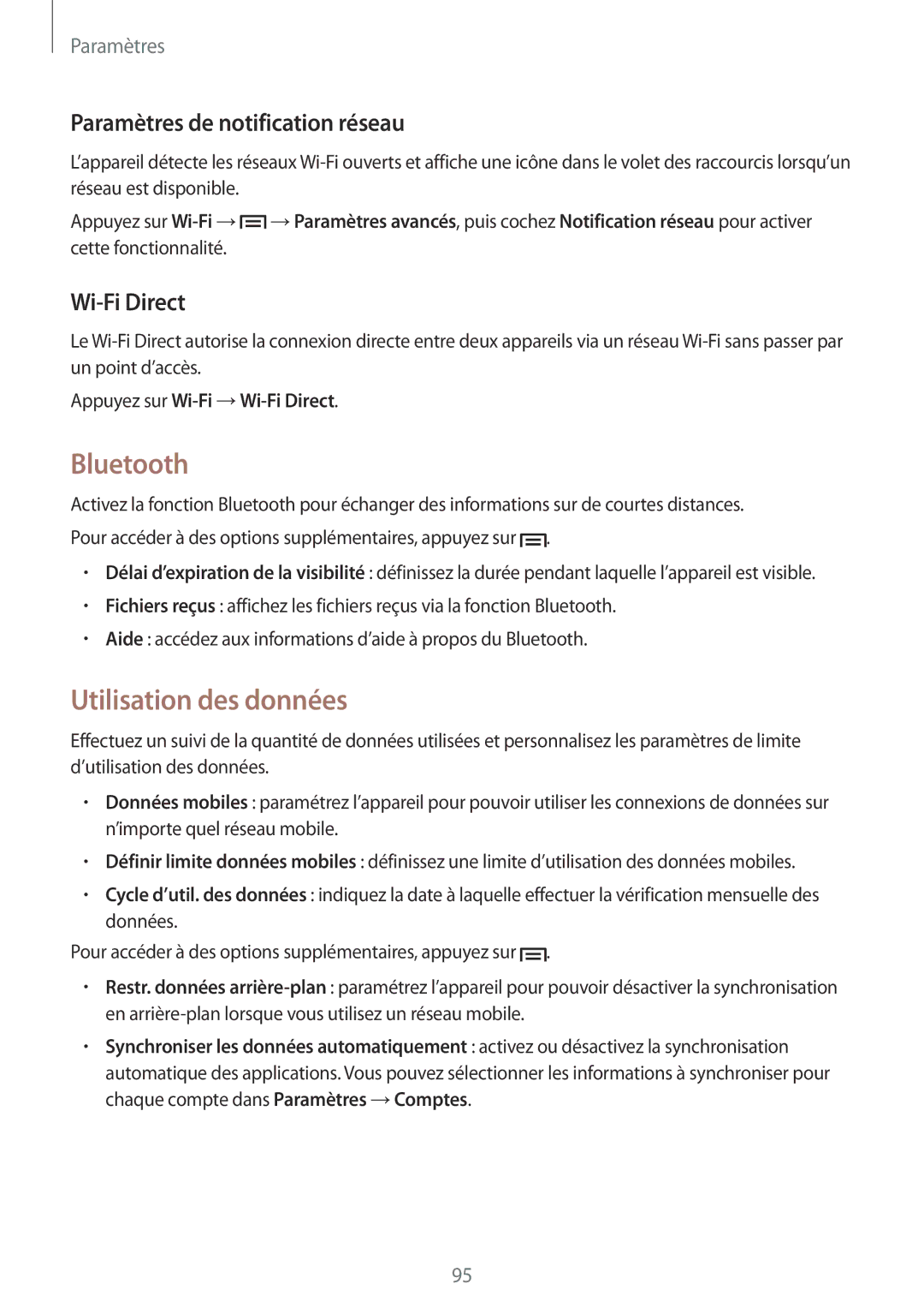 Samsung GT-S7272HKAKSA, GT-S7272WRAPAK Bluetooth, Utilisation des données, Paramètres de notification réseau, Wi-Fi Direct 