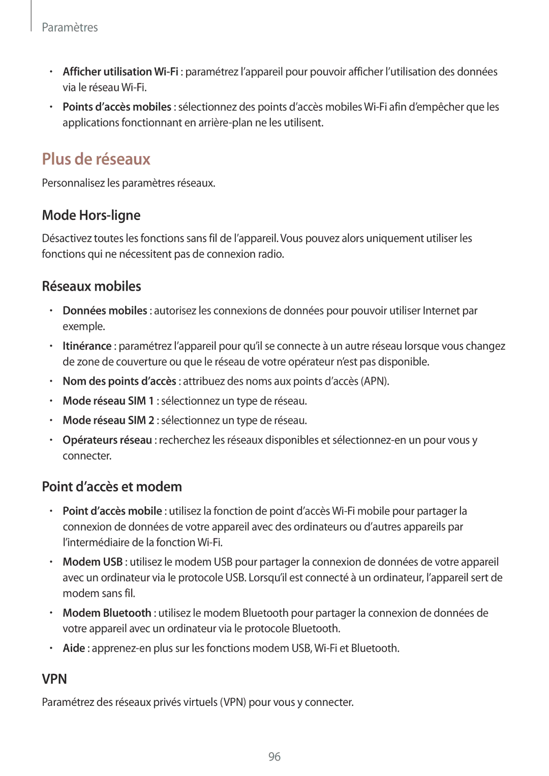 Samsung GT-S7272WRAKSA, GT-S7272WRAPAK manual Plus de réseaux, Mode Hors-ligne, Réseaux mobiles, Point d’accès et modem 