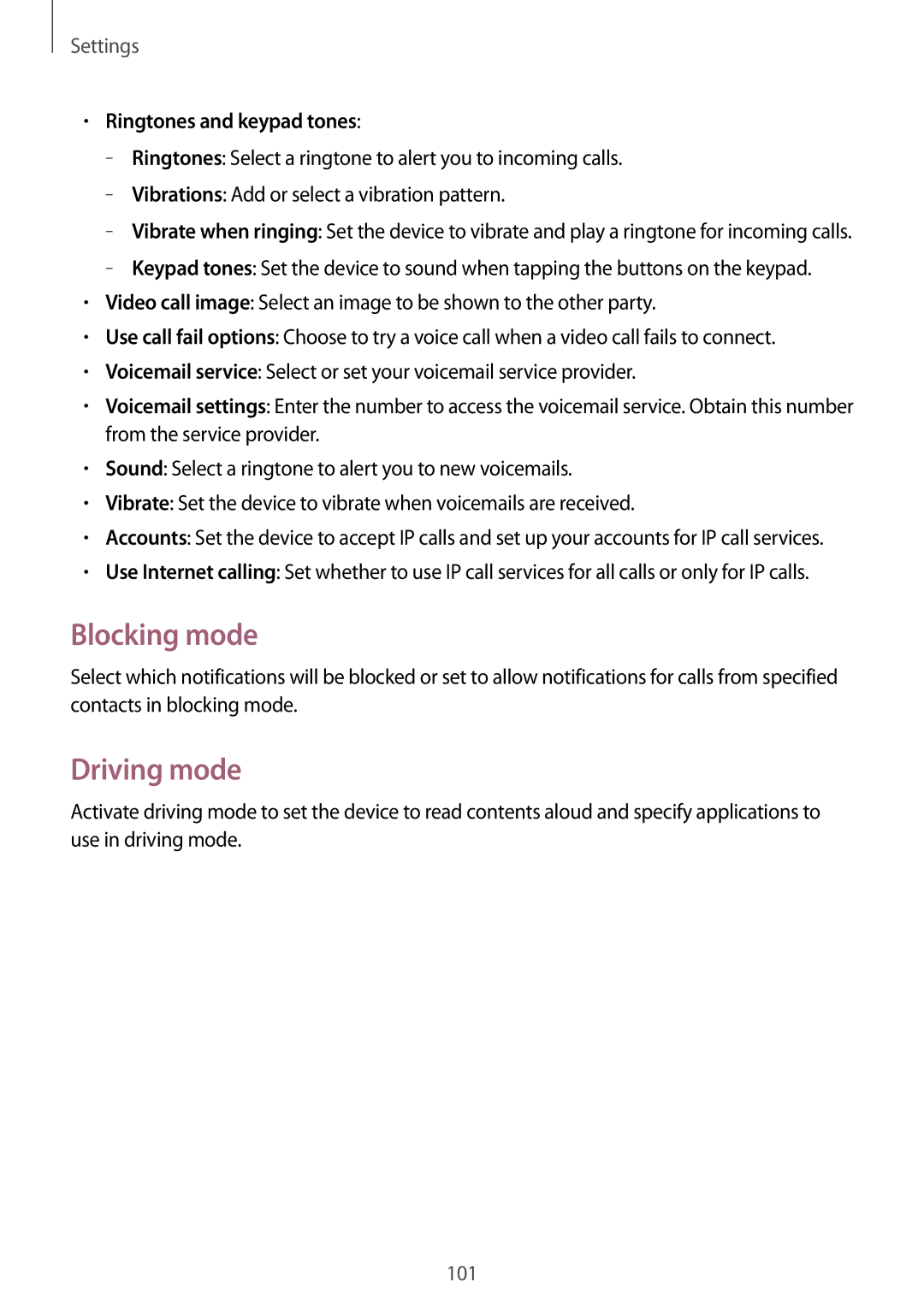 Samsung GT-S7272HKATHR, GT-S7272WRAPAK, GT-S7272WRATHR manual Blocking mode, Driving mode, Ringtones and keypad tones 